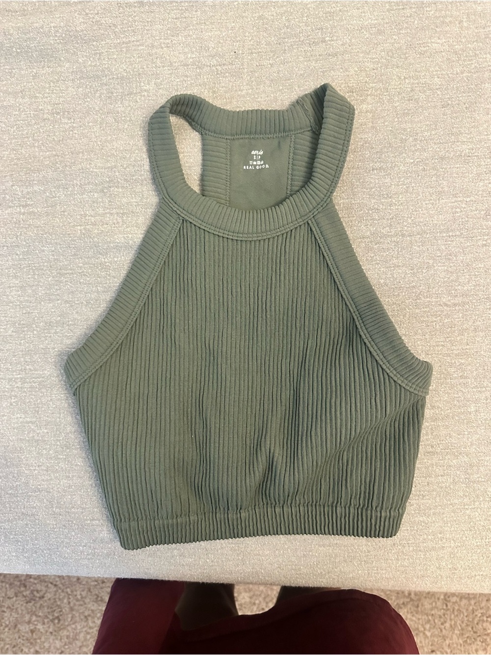 Aerie Ribbed High-Neck Cropped Tank Top - Olive Green size s